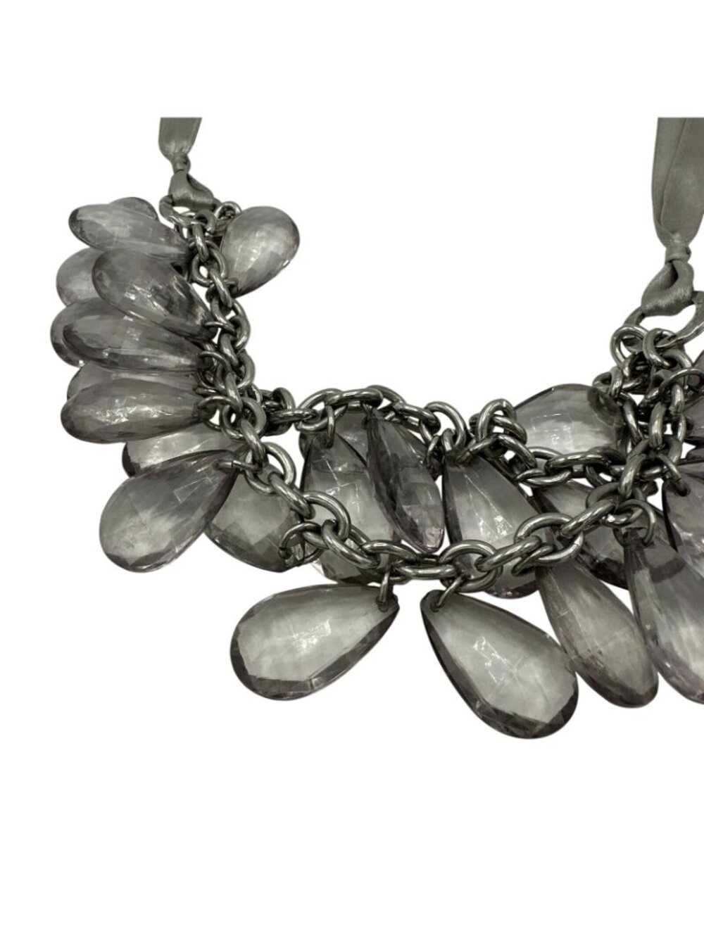 Bib Necklace Crystal Faceted Teardrop Beads Ribbon Chain Adjustable Tie Closure - Picture 2 of 3